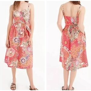 J CREW Floral Pink Tropical Waist Tie Side Pockets Fit-Flare Midi Dress Size 10